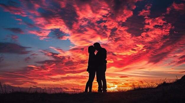 写真 鮮やかな夕日を背景に抱き合うカップルのシルエットを捉えた息を呑むような画像