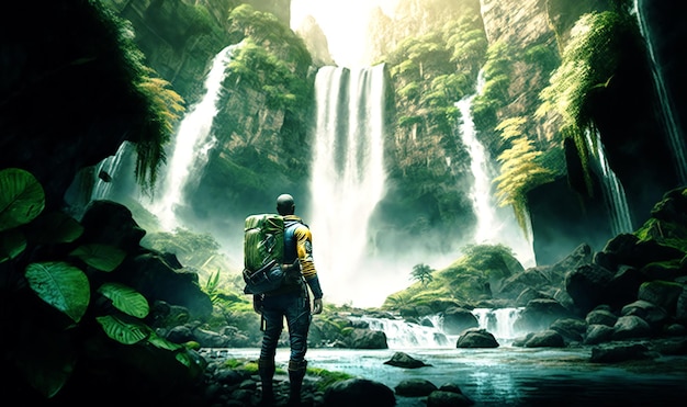 A breathtaking image of a daring adventurer standing in front of a majestic tropical waterfall surrounded by lush greenery and rushing water