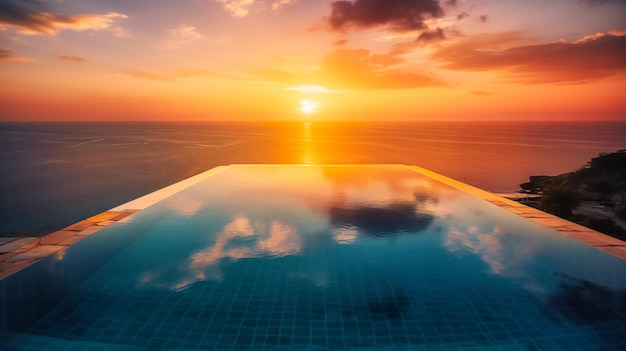 A breathtaking image of an infinity pool merging with the ocean horizon enveloped in the warm hues of a sunset epitomizing relaxation and opulence