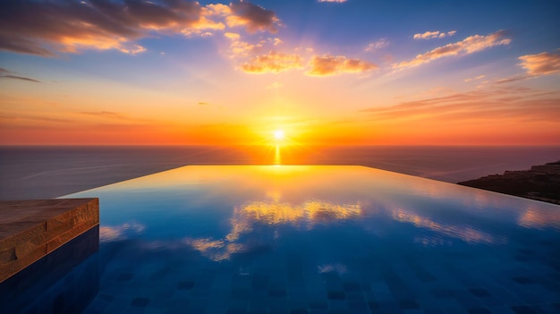 A breathtaking image of an infinity pool merging with the ocean horizon enveloped in the warm hues of a sunset epitomizing relaxation and opulence