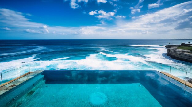 A breathtaking image of a lavish oceanfront infinity pool retreat providing unparalleled views of the vast sea and coastal landscape