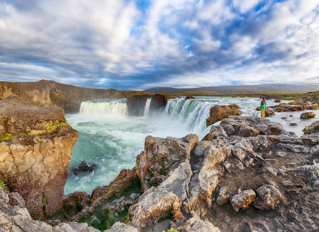 Breathtaking landscape scene of powerful Godafoss waterfall