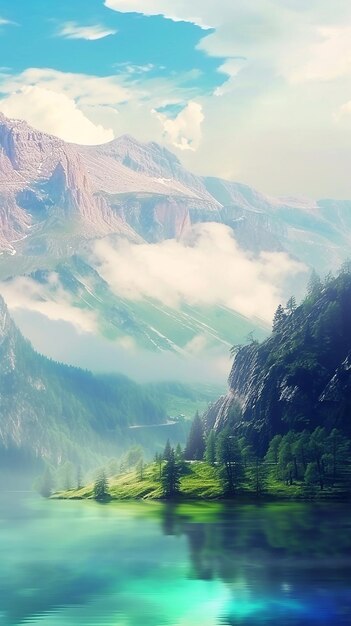 breathtaking landscape with misty lake in mountains