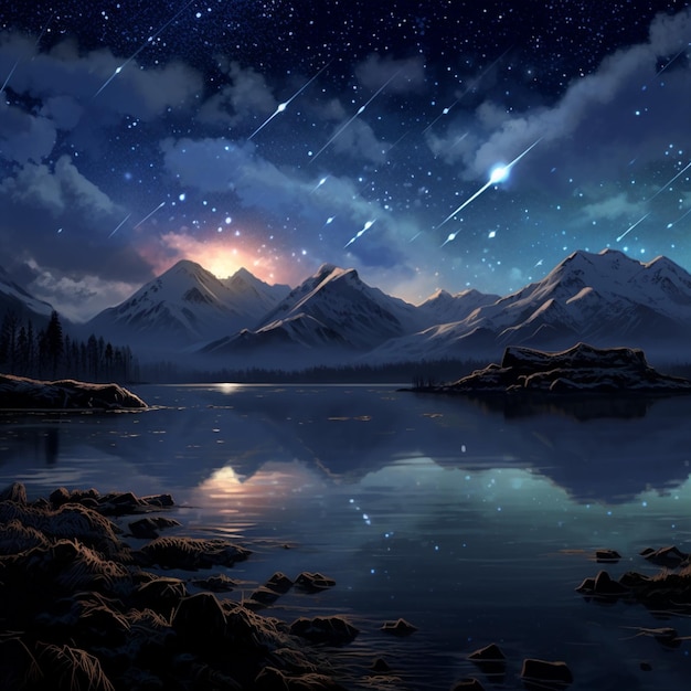 Breathtaking Meteor Shower Illuminating Serene Night Sky