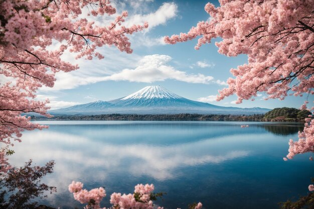 息を止める富士山 は 静かな 湖 の 上 に 壮大 に 立っ て い ます