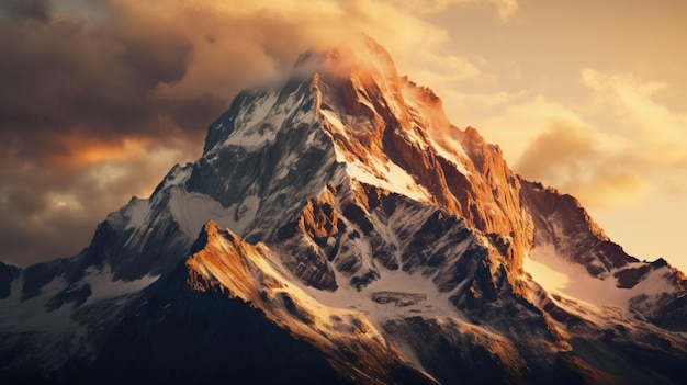 A breathtaking mountain peak catching the last rays of sunlight