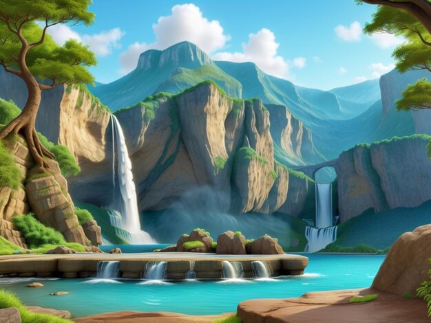 A breathtaking natural landscape with a stunning waterfall as the focal point