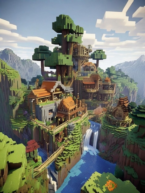 A breathtaking natural landscape within the Minecraft world featuring soaring mountains cascading