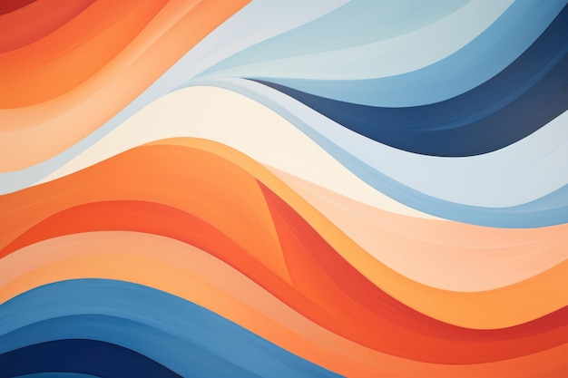 A breathtaking painting capturing the power and beauty of a wave through an array of oranges blues and whites Design a wavy abstract mural with dominant hues of orange and blue AI Generated