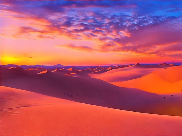 Breathtaking Panorama of Vast Desert Dunes Painted by the Sunrise Sky generative ai