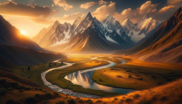 A breathtaking photo of a mountain landscape during sunrise showcasing snowy peaks illuminated by golden rays with a pristine river winding through the valley AI Generated