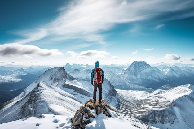 A breathtaking and realistic image featuring a lone adventurer standing atop a mountain peak