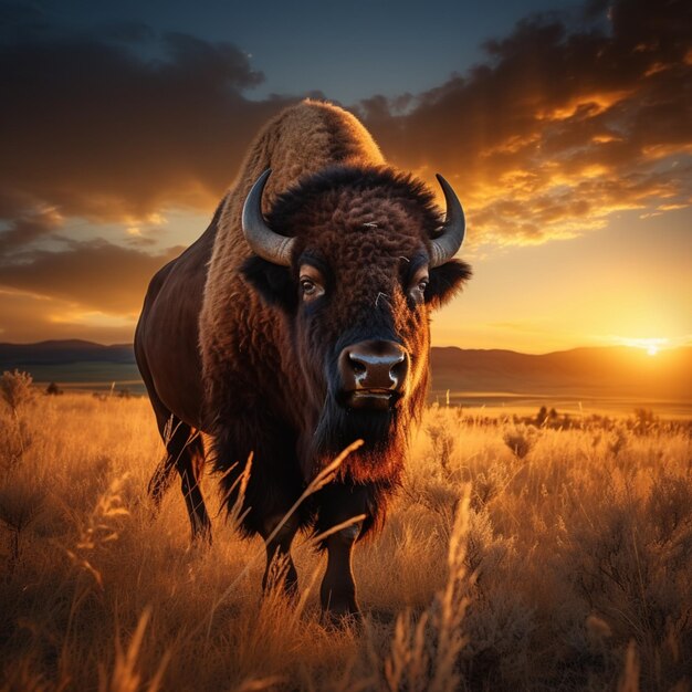 Photo breathtaking scene bison in yellowstone grassland at sunset usa for social media post size