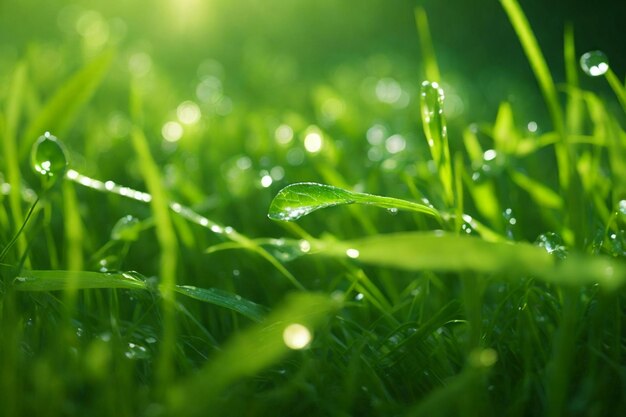 Photo a breathtaking scene of fresh green grass glistening with dewdrops in the soft morning sunlight