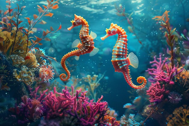 A breathtaking scene of seahorses floating serenel generative ai