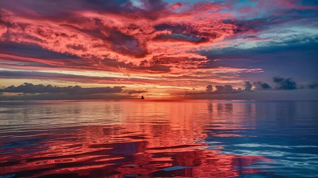 Breathtaking scenery of the beautiful sunset and the colorful cloudy sky reflected in the sea