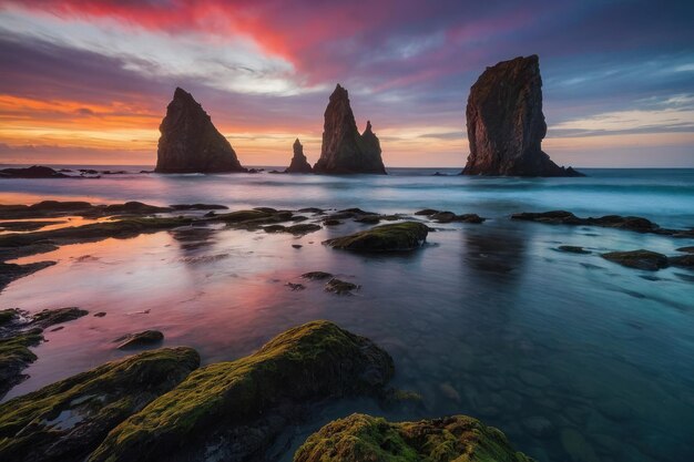 Breathtaking scenery of sea stacks during sunset under the colorful sky