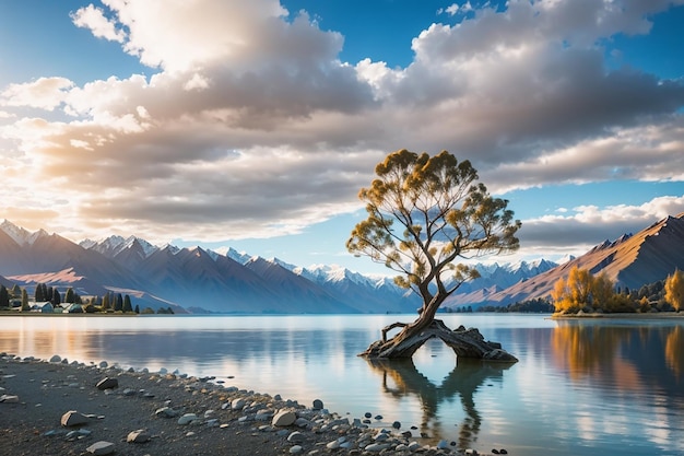 Breathtaking shot of the lake wanaka in wanaka village new zealand