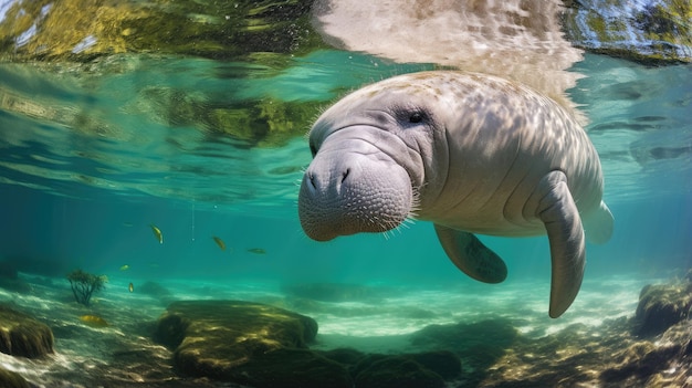 Foto uno scatto mozzafiato di un lamantino nel suo habitat naturale che mostra la sua maestosa bellezza e forza