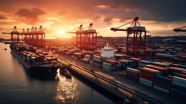 A breathtaking shot of shipping vessels docked at a port during sunset