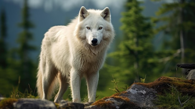 A breathtaking shot of a White Wolf in his natural habitat showcasing his majestic beauty and strength