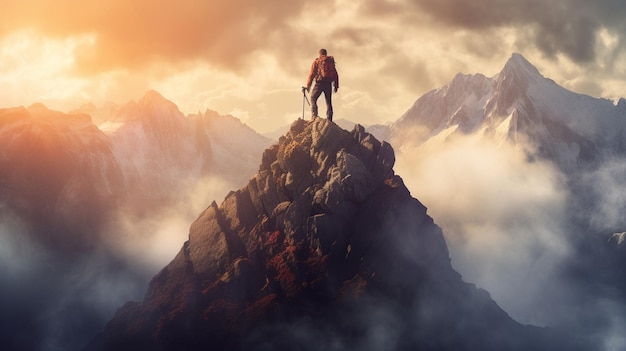 A breathtaking shot of a young adventurer climbing a mountain peak embodying the spirit of resilien