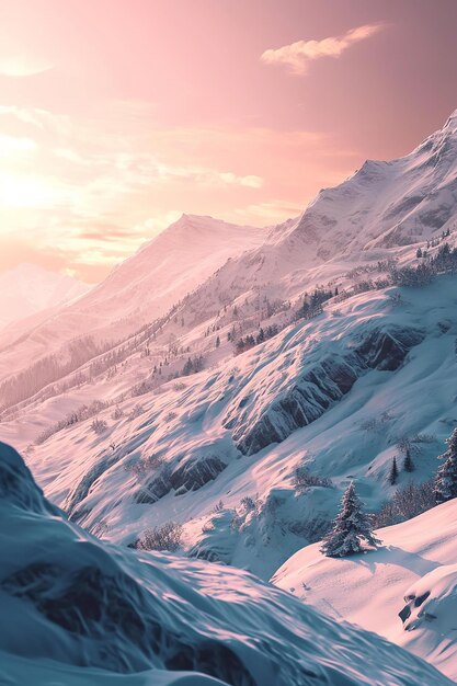 A breathtaking snowy mountain landscape under a soft pink sunset