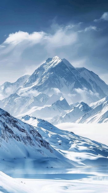 A breathtaking snowy peak rises into the clear sky its slopes a blend of harsh rock and soft snow drifts embodying the sublime majesty of natures high places