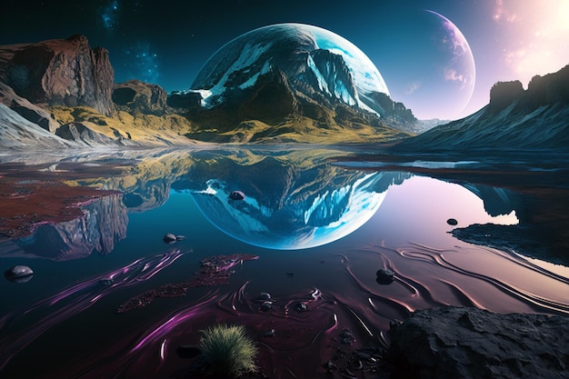 Photo breathtaking space landscape deep space a big beautiful planet with puddle