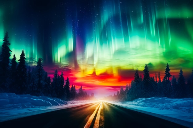 Захватывающее зрелище северного сияния в красивом месте с ночной дорогой