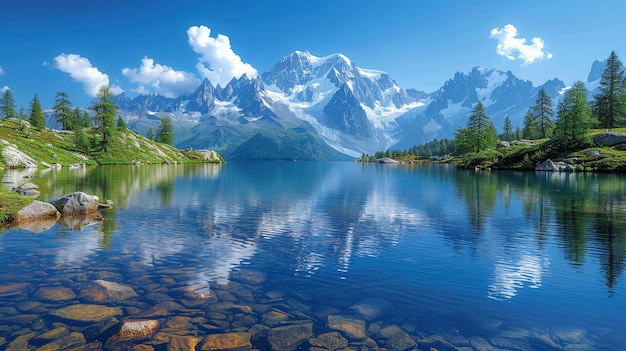 Breathtaking Summer View of Lac Blanc with Majestic SnowCapped Mountains and Crystal Clear Waters