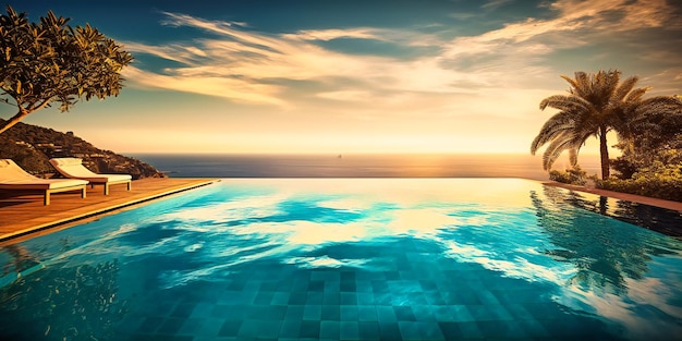 A breathtaking sundrenched infinity pool at a lavish summer retreat with sophisticated style