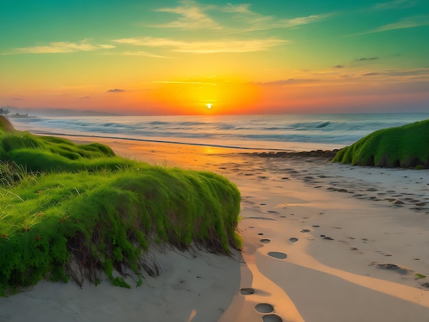 Foto alba mozzafiato sulla spiaggia con pantaloni verdi che crescono sulla riva generati da ai