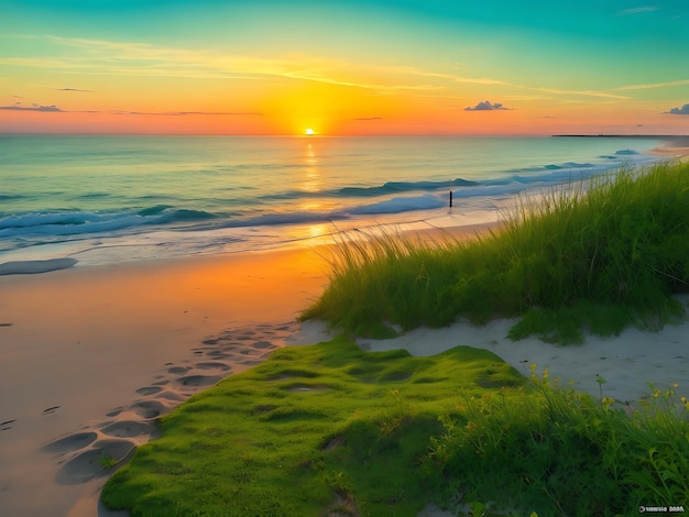 Breathtaking sunrise over the beach with green pants growing at the shore generate by ai