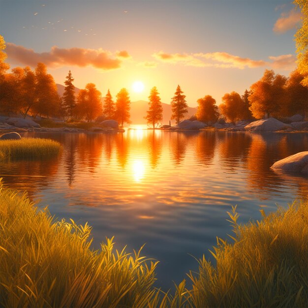 A breathtaking sunrise over a calm lake casting a golden reflection tranquil oasis wide sho