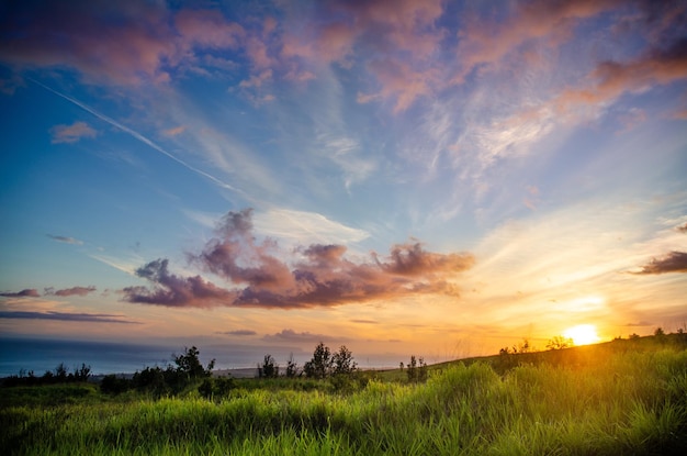 Breathtaking sunrise over the green field under the mesmerizing clouds