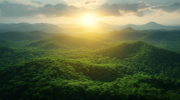 Удивительный восход солнца над пышными зелеными горами