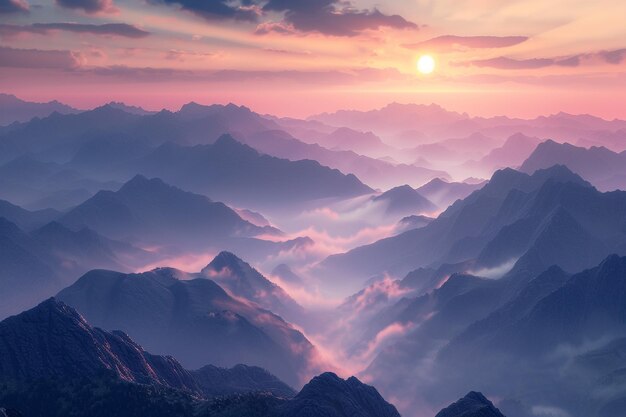A breathtaking sunrise over misty mountains