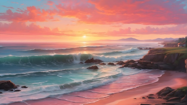 A breathtaking sunrise over a serene coastal landscape vibrant hues of orange and pink illuminating