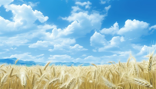 Breathtaking sunrise over serene countryside with vibrant wheat fields and clear blue sky