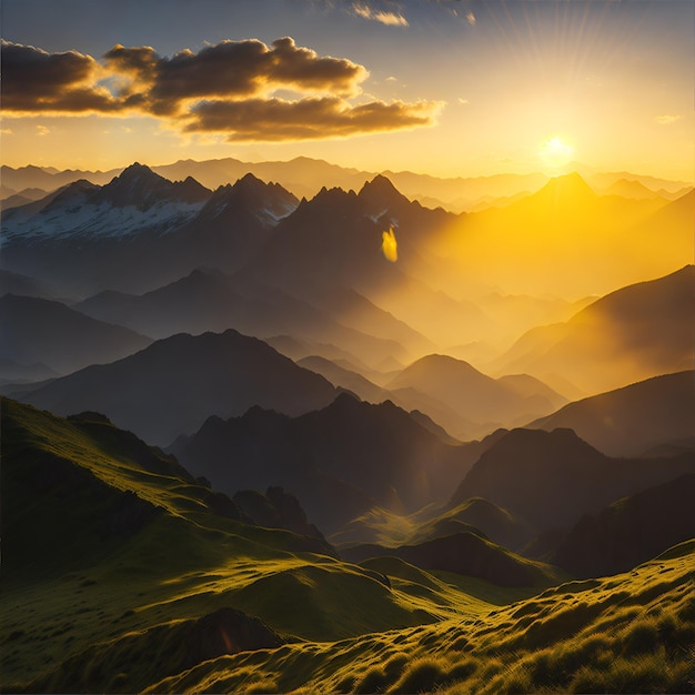 breathtaking sunrise over a serene mountain range wi