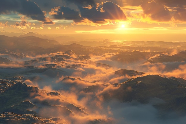 霧に覆われた丘の上で息を吸うような日の出