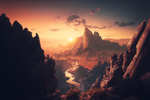 Breathtaking sunset over a canyon with mountains in the background