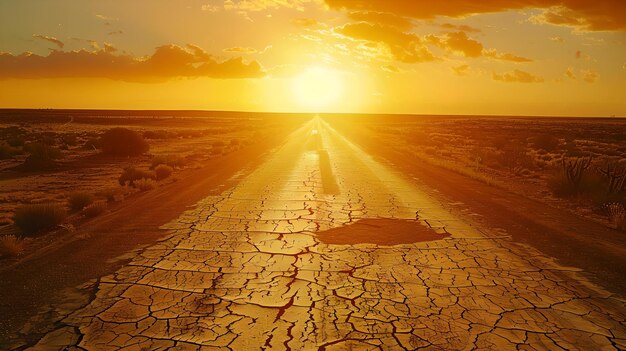 乾燥した荒れ果てた砂漠の風景を眺める日没 - 自然の美しさと気候の挑戦のシンボル - 背景と環境テーマに最適なAI
