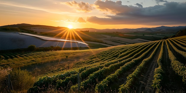 Breathtaking sunset over lush vineyards rolling hills in golden light peaceful rural landscape perfect for wall art and calendar use captured by AI