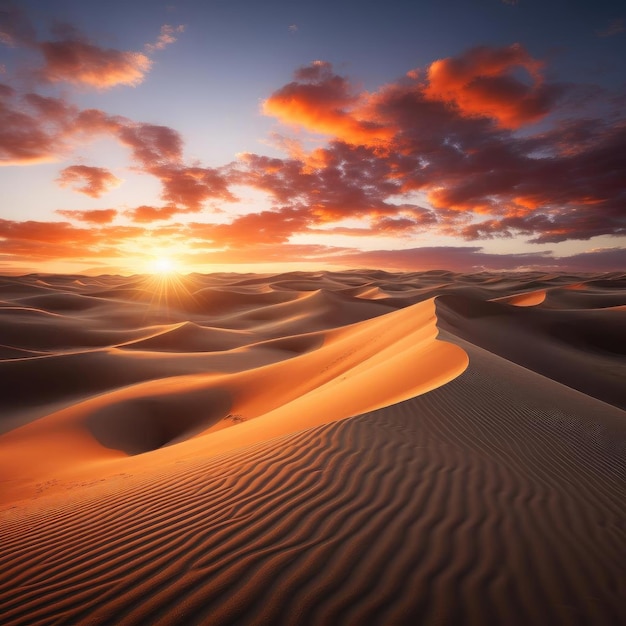 砂漠の砂丘に沈む息を呑むような夕日
