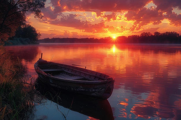 A breathtaking sunset over a tranquil lake casting warm hues across the sky