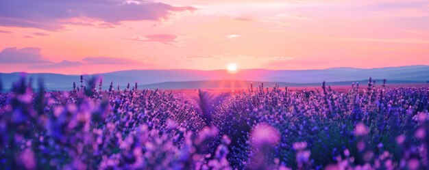 Photo breathtaking sunset over vibrant lavender fields in panoramic view