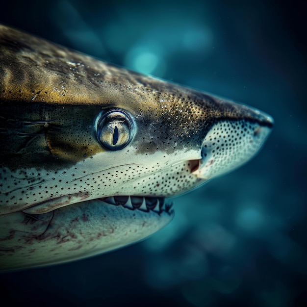 透明な水域で息を吸うタイガーサメの写真
