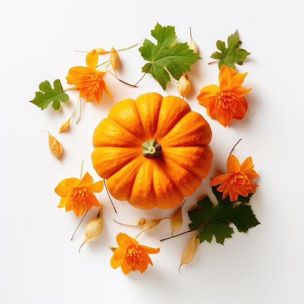 Breathtaking TopDown Pumpkin and Flower Photography A Mesmerizing Vision on a White Background
